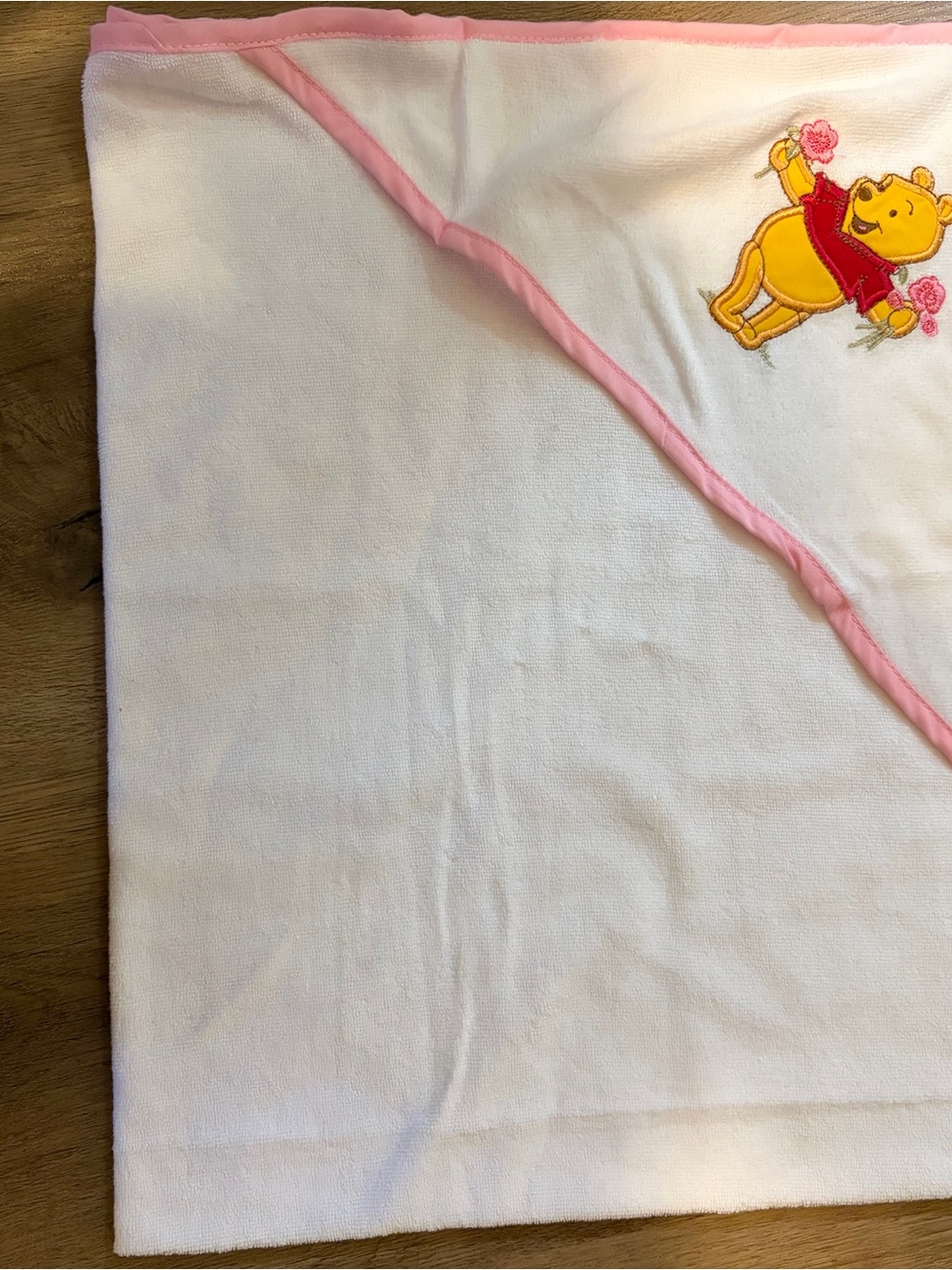 Disney Winnie the Pooh White Hooded Baby Towel  with Pink Trim EUC